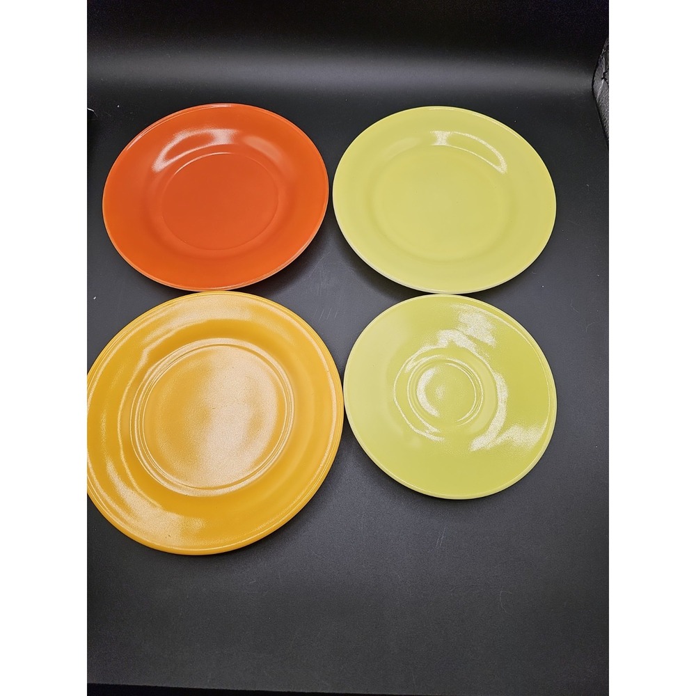 Hazel Atlas Ceramic Plates Multicolored Set of 4~Neon, Mustard, Gray & Orange